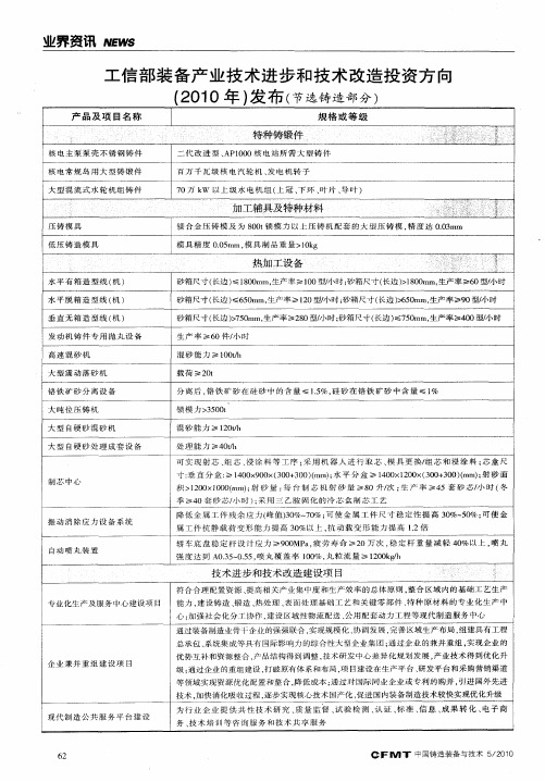 工信部装备产业技术进步和技术改造投资方向(2010年)发布(节选铸造部分)