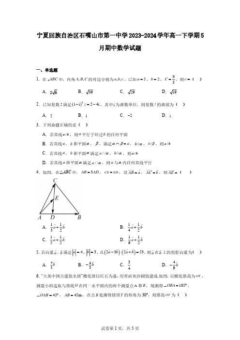 宁夏回族自治区石嘴山市第一中学2023-2024学年高一下学期5月期中数学试题