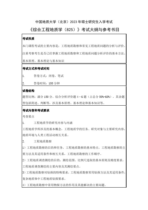 中国地质大学(北京)2023年硕士《综合工程地质学(825)》考试大纲与参考书目