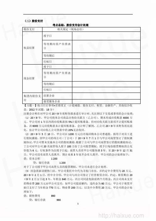 郑庆华 注册会计师 会计 习题班 综合题 股份支付1