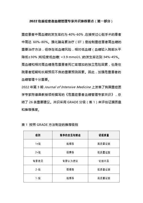 2022危重症患者血糖管理专家共识推荐要点(第一部分)