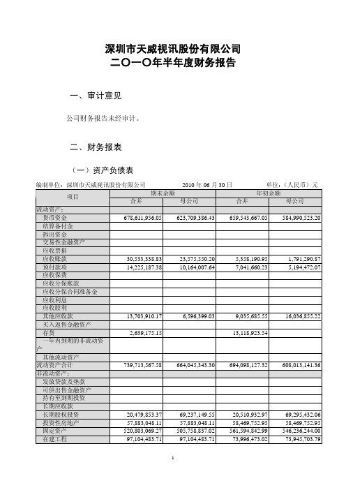 天威视讯：2010年半年度财务报告 2010-08-17