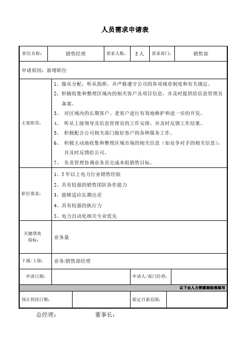 电力公司人员需求申请表