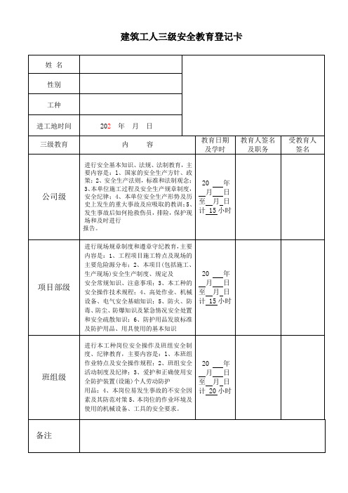 新工人进场三级教育卡及安全生产责任书