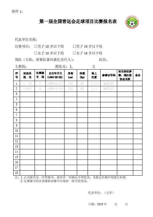 第一届全国青运会足球项目比赛报名表