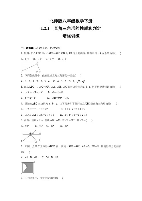 北师大版八年级数学下册 1.2.1直角三角形的性质和判定 培优训练(含答案)