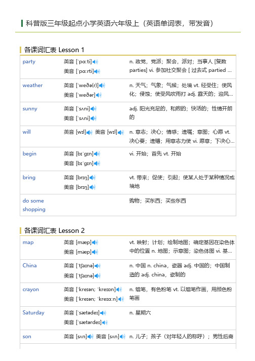 科普版三年级起点小学英语六年级上(英语单词表)