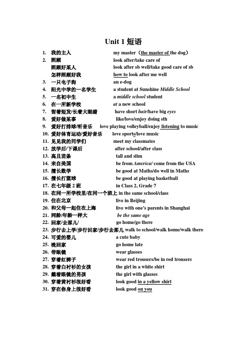 牛津英语七年级上册Unit 1短语及句型转换