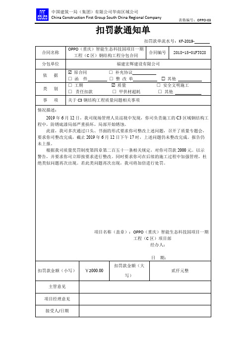 扣罚款通知书-钢结构质量问题