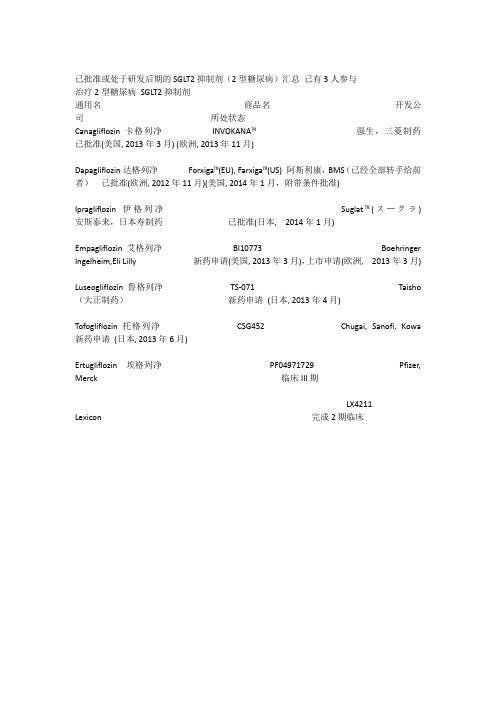 已批准或处于研发后期的SGLT2抑制剂