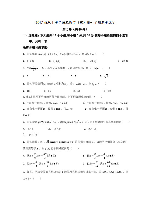 福建省厦门双十中学2017届高三上学期期中考试数学理试题含答案