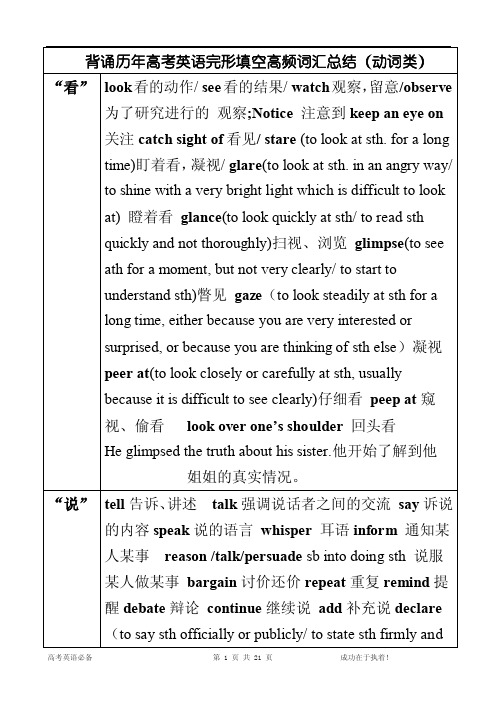 历年高考英语完形填空高频词汇总结