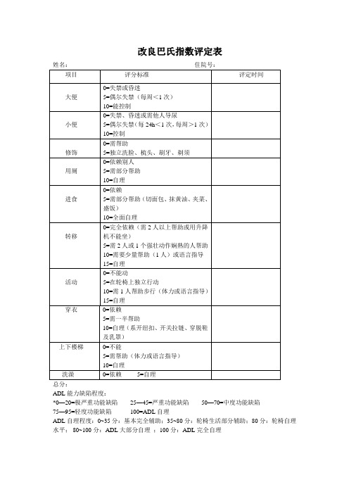 改良巴氏指数评定表