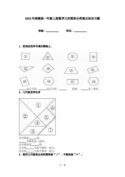 2024年湘教版一年级上册数学几何图形分类难点知识习题