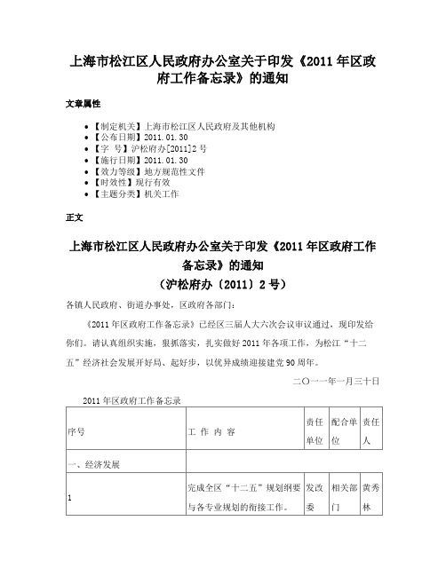 上海市松江区人民政府办公室关于印发《2011年区政府工作备忘录》的通知