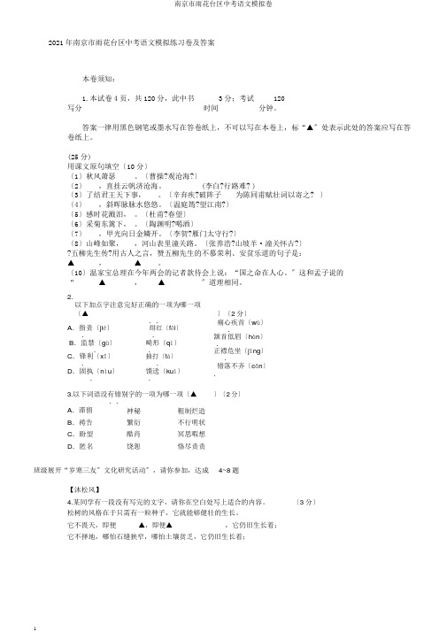 南京市雨花台区中考语文模拟卷