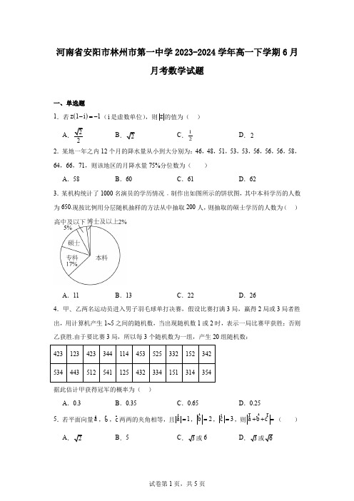 河南省安阳市林州市第一中学2023-2024学年高一下学期6月月考数学试题