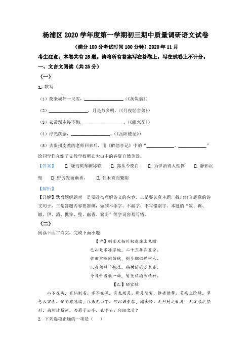 上海市杨浦区2020-2021学年九年级上学期期中考试语文试卷(解析版)