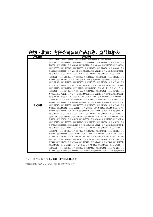 联想(北京)有限公司认证产品名称、型号规格表一