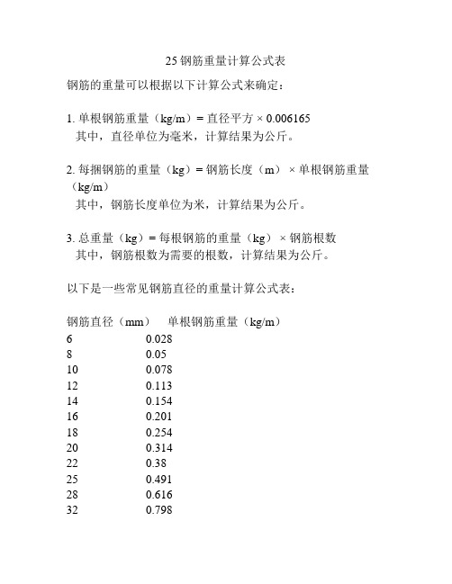 25钢筋重量计算公式表