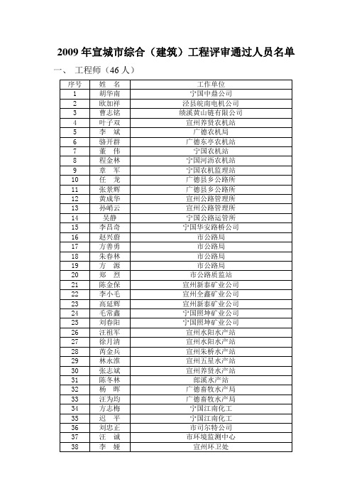 2009年宣城市综合(建筑)工程评审通过人员名单