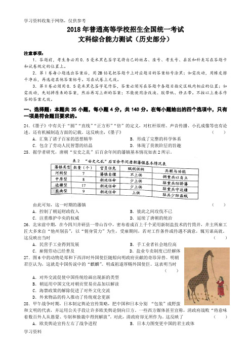 2018高考全国卷1文综(历史部分,含答案)