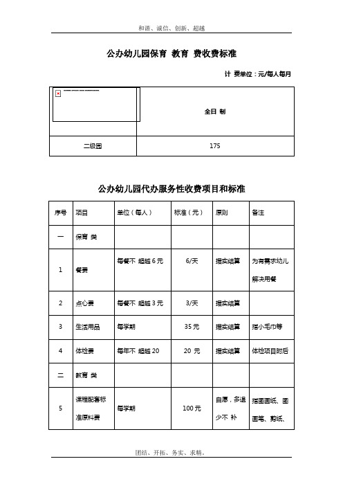 公办幼儿园收费标准公示模板