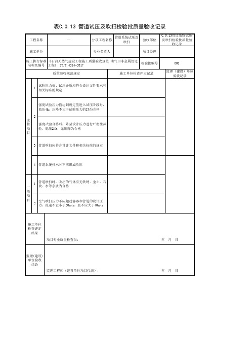 表C.0.13管道系统试压及吹扫检验批质量验收记录