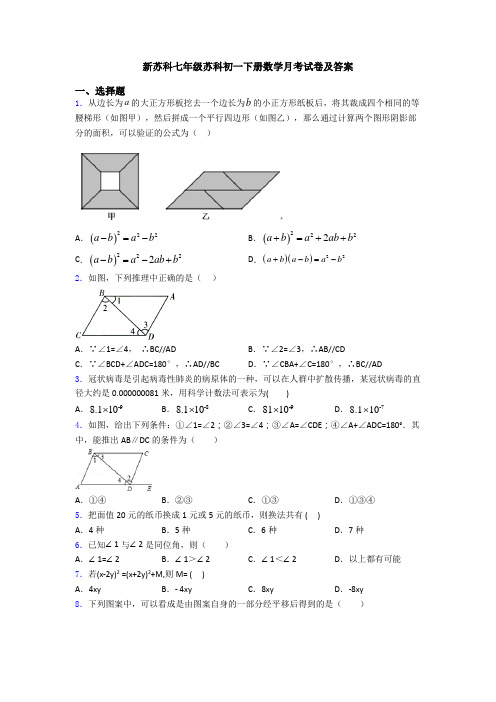 新苏科七年级苏科初一下册数学月考试卷及答案