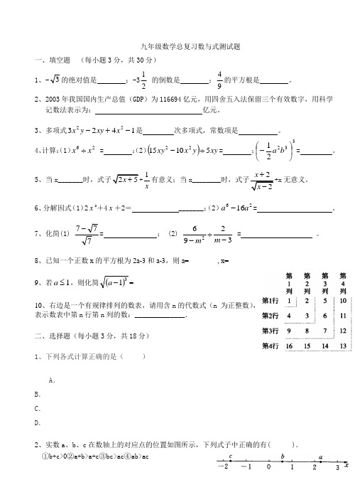 九年级数学总复习数与式测试题