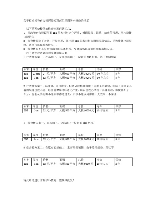 关于行政楼和宿舍楼两处楼顶部门屋面防水维修的请示