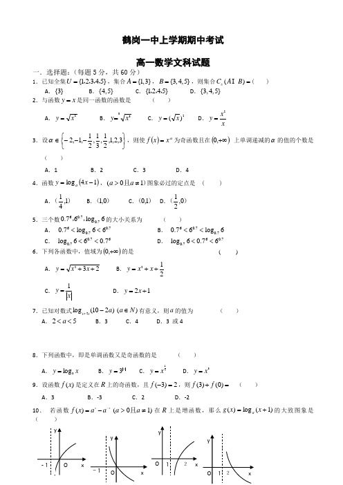 (精选)黑龙江省鹤岗一中人教版高一数学上册期中考试题2