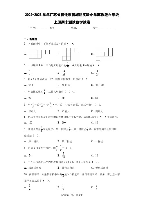 2022-2023学年江苏省宿迁市宿城区实验小学苏教版六年级上册期末测试数学试卷(含答案解析)