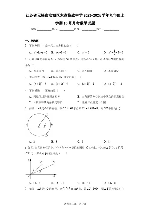 江苏省无锡市滨湖区太湖格致中学2023-2024学年九年级上学期10月月考数学试题