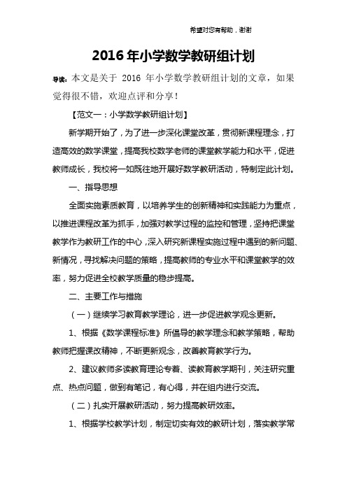 2016年小学数学教研组计划