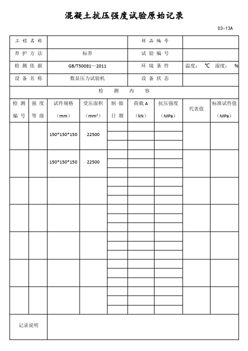 混凝土抗压强度试验原始记录