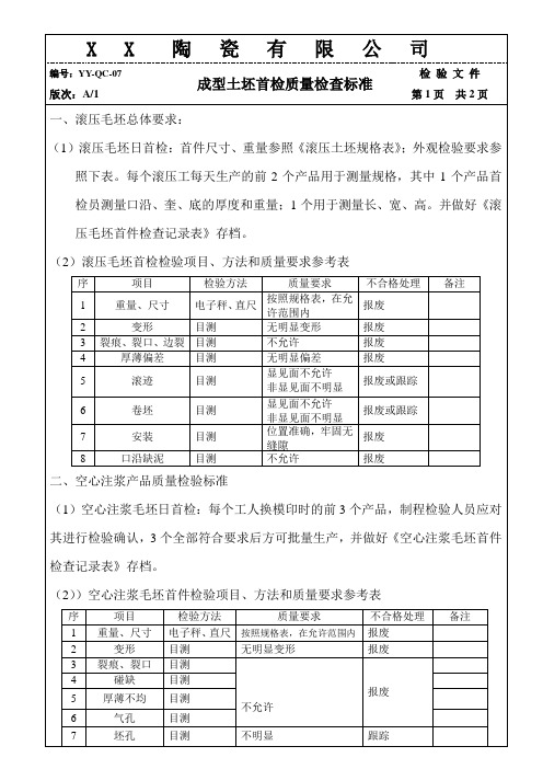 成型土坯首检质量检查标准