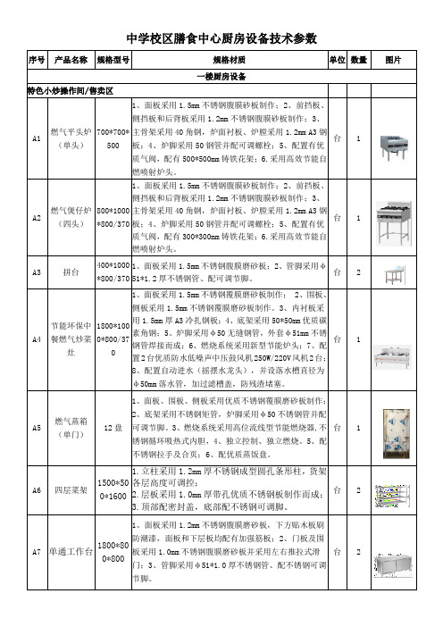 中学校区膳食中心厨房设备技术参数