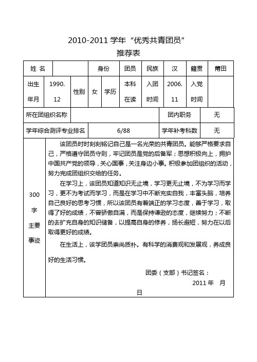 优秀共青团员推荐表范本