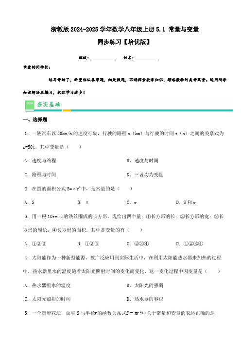 浙教版2024-2025学年数学八年级上册5.1常量与变量同步练习【培优版】(含答案)