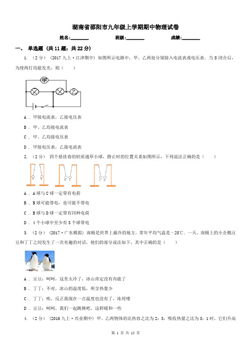 湖南省邵阳市九年级上学期期中物理试卷