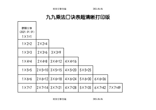 九九乘法口诀表(超清晰打印版)之欧阳引擎创编