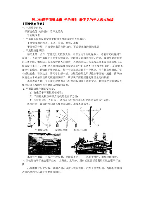 八年级物理平面镜成像光的折射看不见的光人教实验版知识精讲