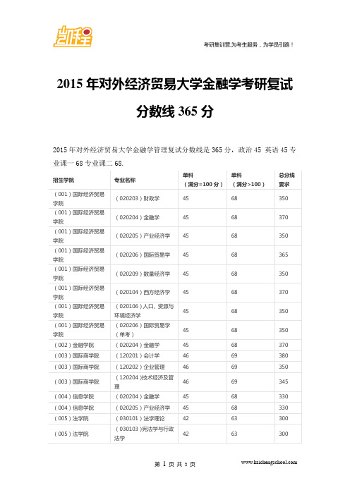 2015年对外经济贸易大学金融学考研复试分数线365分