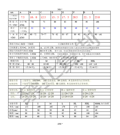 最全衣服尺码表格