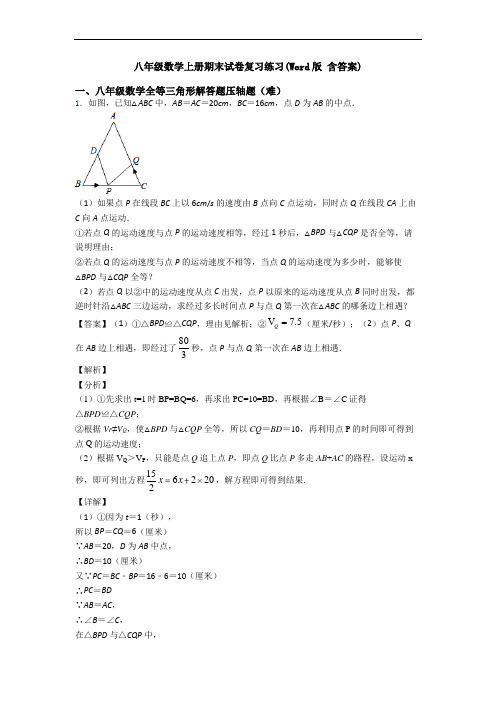 八年级数学上册期末试卷复习练习(Word版 含答案)