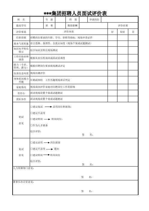 面试评价汇总表及面试测评表