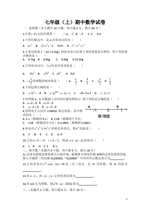 北师大版七年级数学(上册)期中试卷含答案 (18)