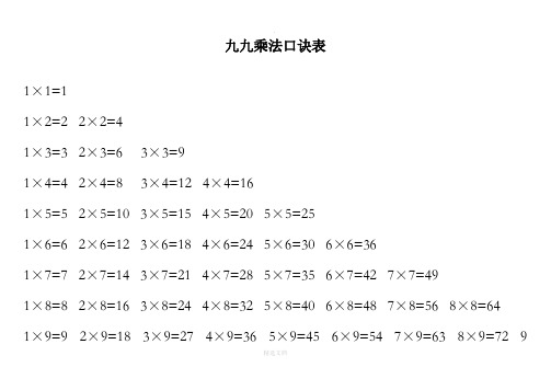 小学生九九乘法口诀表(打印版)