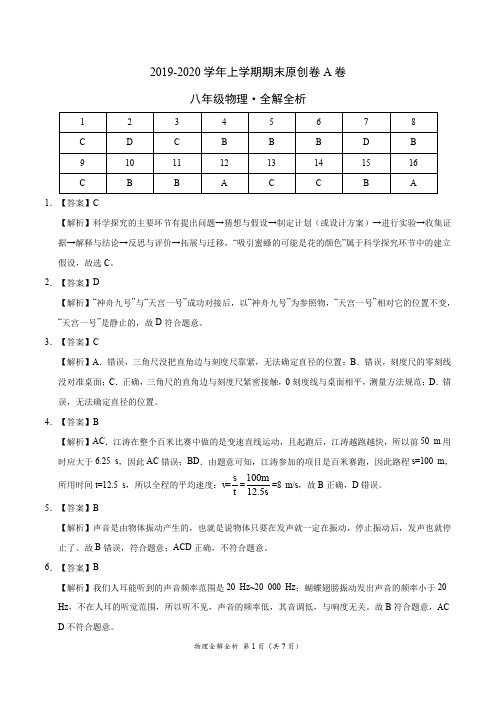 2019-2020学年八年级物理上学期期末原创卷A卷(福建)(全解全析)